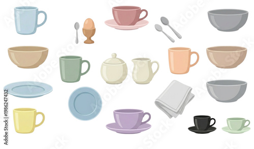 Home kitchen breakfast accessories vector set featuring tea cups coffee mugs and Scandinavian dining items illustration