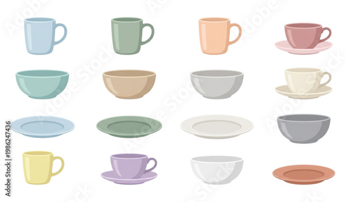 Minimal Scandinavian kitchen crockery vector set with tea cups coffee mugs and breakfast tableware illustration collection