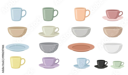 Morning breakfast ceramic cup and mug vector collection with tea coffee and home kitchen accessories minimalist style