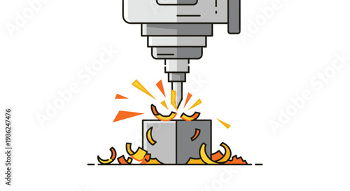 A precise industrial CNC milling machine bit cuts through a solid grey metal block creating vibrant orange and yellow flying sparks on a white background.