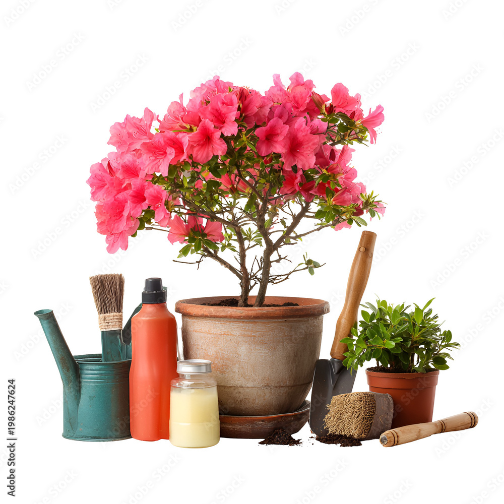Naklejka premium Pink flowering bonsai tree with gardening tools and supplies on white background