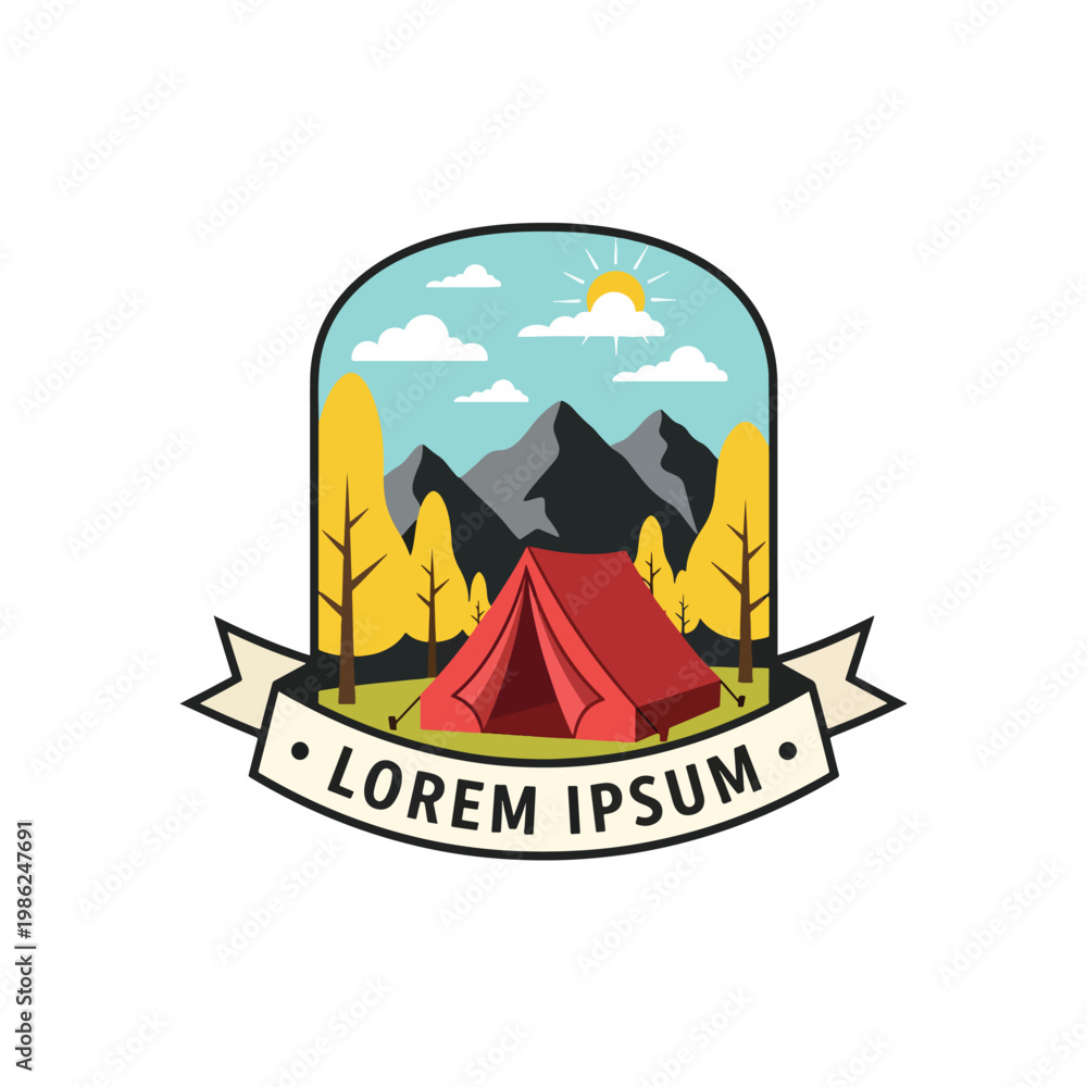 Obraz premium Camping tent emblem design featuring mountain scenery and autumn trees.
