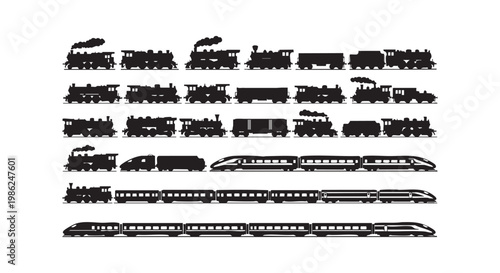 Vintage and modern train silhouettes collection featuring steam locomotives freight wagons and high speed express railway.