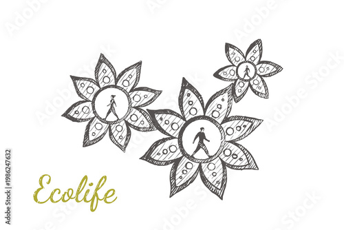 Ecolife - People walk within flowers, harmony with nature