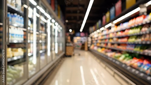 Blurred Supermarket Aisle - This video depicts the interior of a supermarket aisle, showcasing shelves stocked with various groceries and refrigerated cases filled with dairy products.