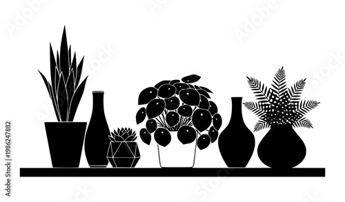 Table plants silhouette vector black potted plants vase interior design