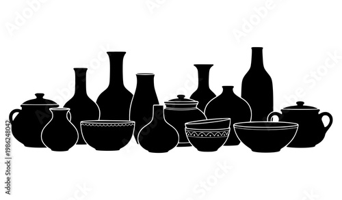 Ceramic vase silhouette vector black kitchenware decorative set