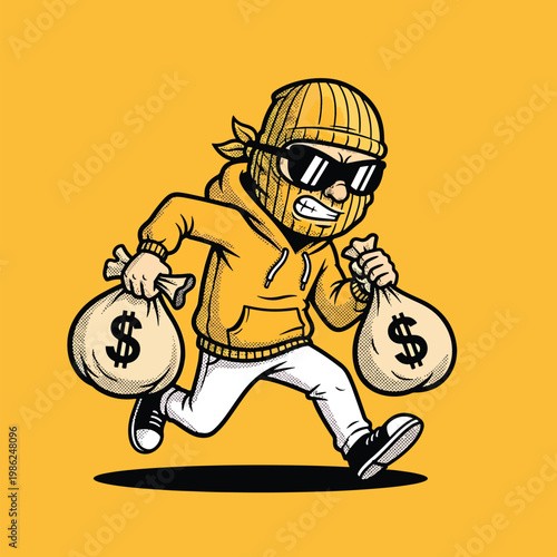Cartoon illustration of a running thief holding two bags of money.