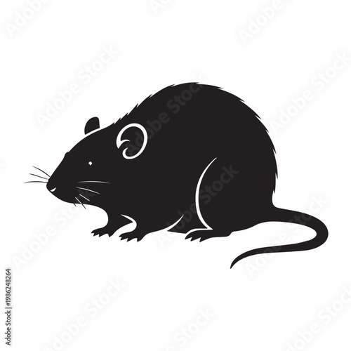 A black silhouette of a curious mouse standing on all fours, looking alert with its tail curled.