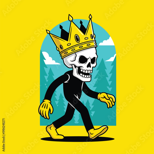 Cartoon skull king wearing a golden crown walking illustration.