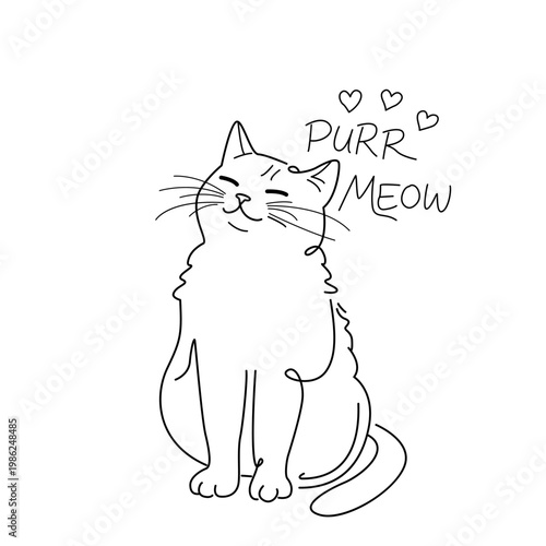 Cute purring cat drawn in one line for print. Flat vector illustration isolated on white background.
