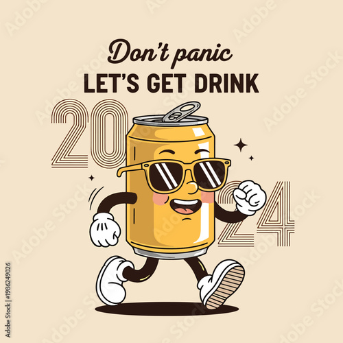 Funny cartoon beer can character celebrating New Year 2024.