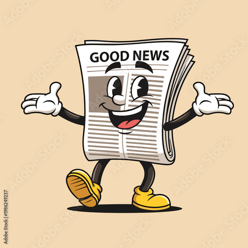 Happy Cartoon Newspaper Character Mascot Spreading Good News.