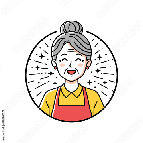 Happy elderly woman in an apron as a chef or cook mascot.