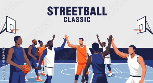 Streetball Classic: A Dynamic Illustration of Basketball and Teamwork Action Scene