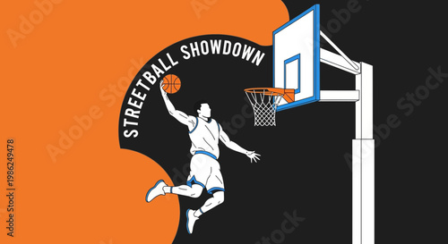 Streetball Showdown: High-Flying Dunker Executes Play in Energetic and Stylish Illustration