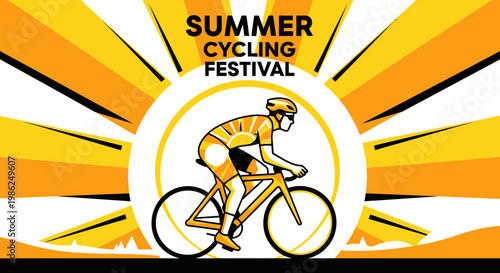 Summer Cycling Festival: Vibrant Athlete on Bicycle Against Abstract Sun Design