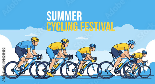 Summer Cycling Festival: Vibrant Illustration of Cyclists Racing Against A Blue Sky Background