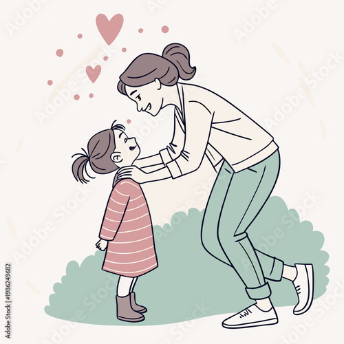 Mother holding daughter hands in beautiful park.