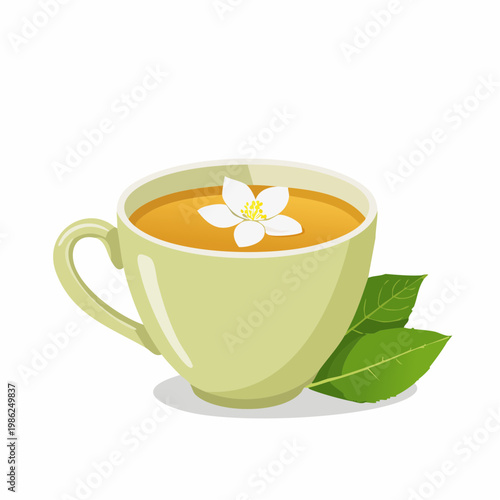 Eine ruhige Szene mit grünem Tee in einer schlichten Keramiktasse, auf deren Oberfläche ein zartes Blütenblatt sanft treibt