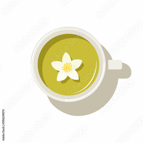 Eine ruhige Szene mit grünem Tee in einer schlichten Keramiktasse, auf deren Oberfläche ein zartes Blütenblatt sanft treibt