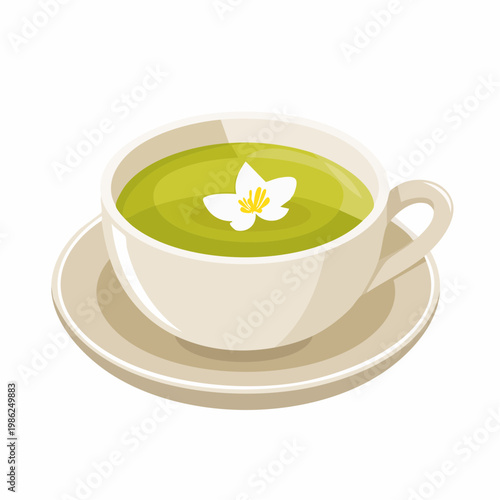 Eine ruhige Szene mit grünem Tee in einer schlichten Keramiktasse, auf deren Oberfläche ein zartes Blütenblatt sanft treibt