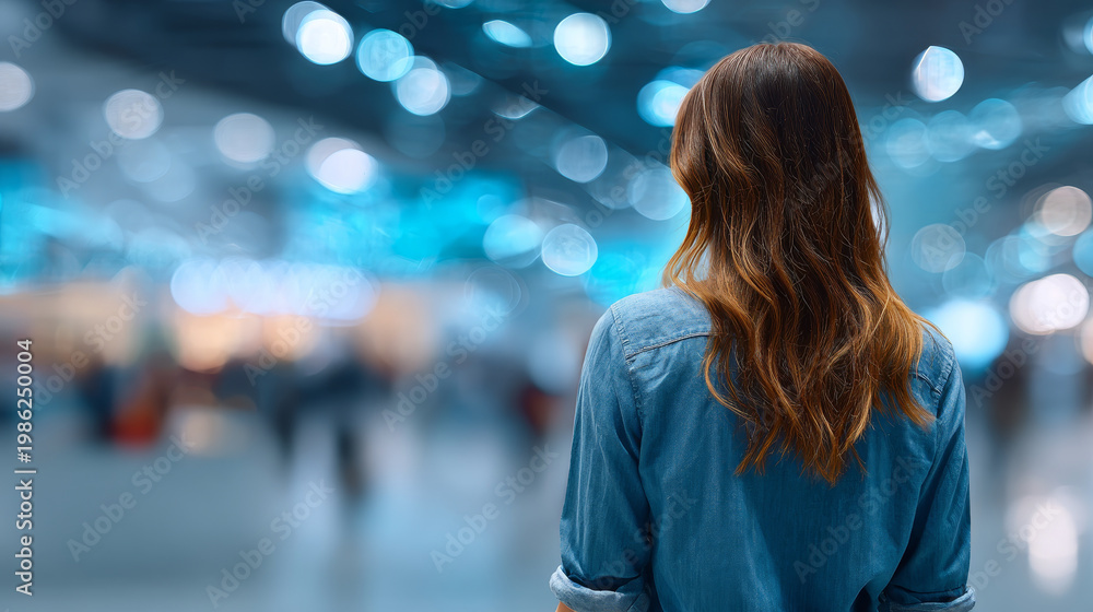 Fototapeta premium Young woman with long wavy hair stands indoors, facing away, surrounded by a modern blurred background with bokeh lights. Urban lifestyle and solitude concept in a vibrant city environment