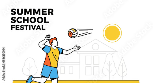 Summer School Festival Volleyball Game With Player, Ball And Sunny Background Illustration