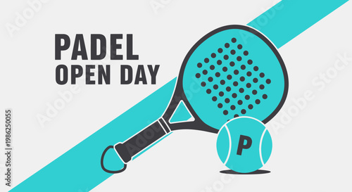 Stylish Padel Open Day Design Featuring Racket and Ball on a Clean White Background