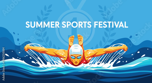 Summer Sports Festival with a Swimmer in Action Under the Bright Blue Sky, Winning