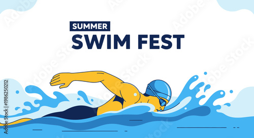 Summer Swim Fest: Graphic Illustration of a Swimmer in Action with Water Splash