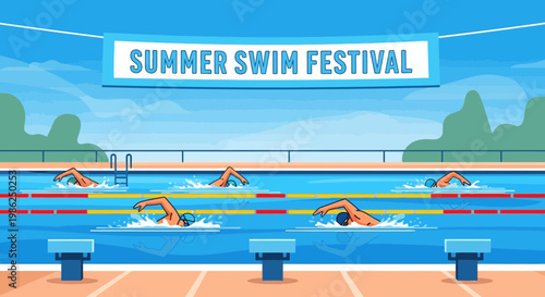 Summer Swim Festival Competition Of Swimmers Racing In Pool With Lanes