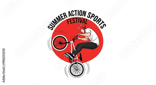 Summer Action Sports Festival Featuring Bicycle Stunt Performer on Vibrant Red Circular Design