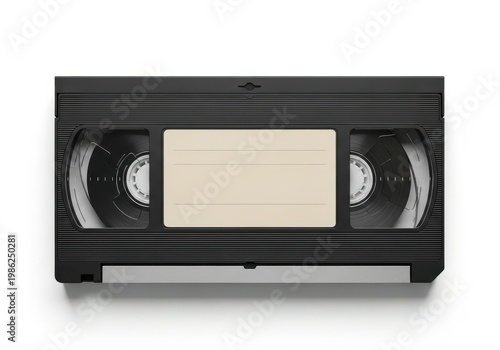 A vhs tape with a white label on a plain background