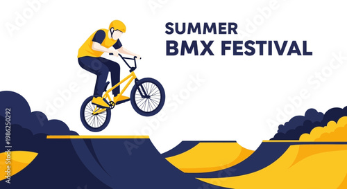Summer BMX Festival Illustration Depicting Athlete Performing Stunt on Bicycle in Yellow and Blue