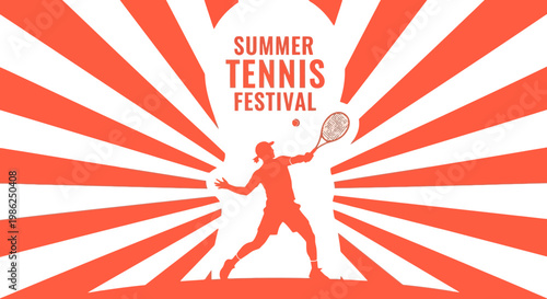 Summer Tennis Festival Featuring Energetic Player Silhouetted Against Striking Radiant Design