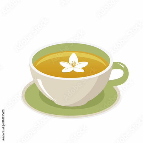 Eine ruhige Szene mit grünem Tee in einer schlichten Keramiktasse, auf deren Oberfläche ein zartes Blütenblatt sanft treibt