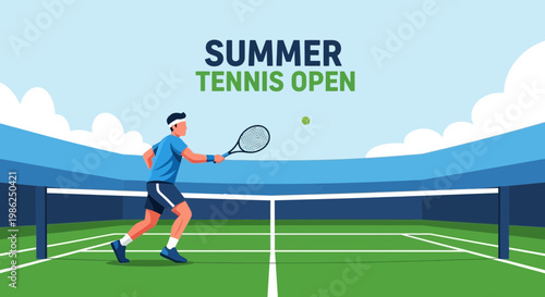 Summer Tennis Open Illustration: Active Athlete Serving a Tennis Ball On A Summer Day