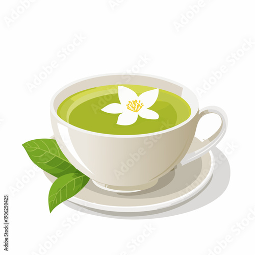 Eine ruhige Szene mit grünem Tee in einer schlichten Keramiktasse, auf deren Oberfläche ein zartes Blütenblatt sanft treibt