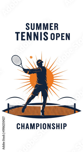 Summer Tennis Open Championship Featuring Dynamic Player Silhouette Against a Radiant Sun
