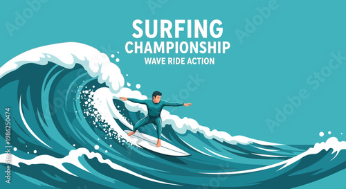 Surfing Competition: Captivating Illustration Of A Surfer Riding A Powerful Ocean Wave
