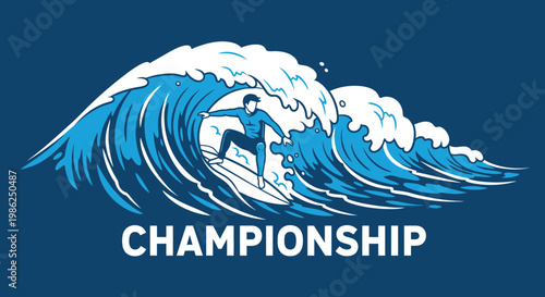 Surfing Championship Logo with Surfer Riding a Wave During a Competition Illustration
