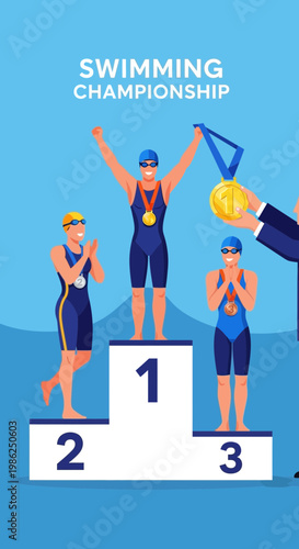 Swimming Champions Celebrated on Podium, Awarded Medals for Outstanding Athletic Performance