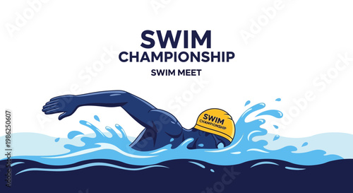 Swim Championship Illustration Depicting Athlete Swimming With Blue Waters and Yellow Cap