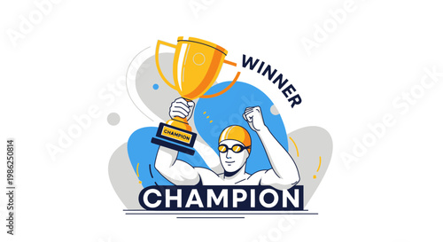 Swimmer Victorious Holding Trophy Champion Celebration Victory