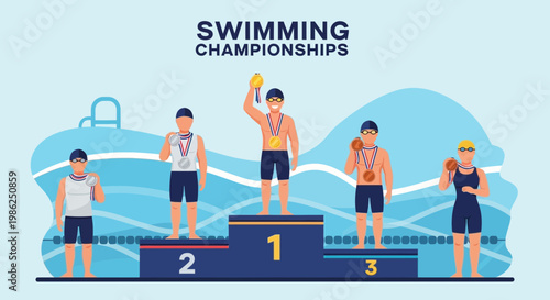 Swimming Championship Winners on a Podium Displaying Medals and Sporting Achievements