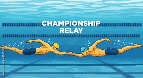 Swimming Athletes Compete In Relay Competition Demonstrating Teamwork and Athleticism During Event