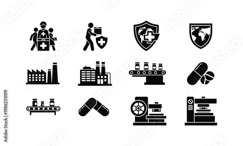 Icons representing various aspects of pharmaceutical and medical industries