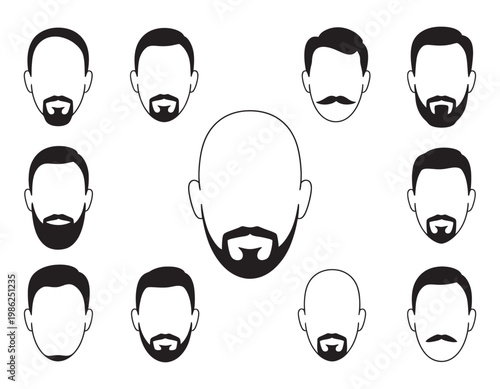 Collection, stylized male face silhouette vector set with diverse beard and mustache styles, grooming variations, head portrait icons isolated design