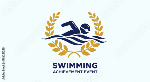 Swimming Competition Logo Depicting Athlete Achieving Victory Amidst Wreath Elements